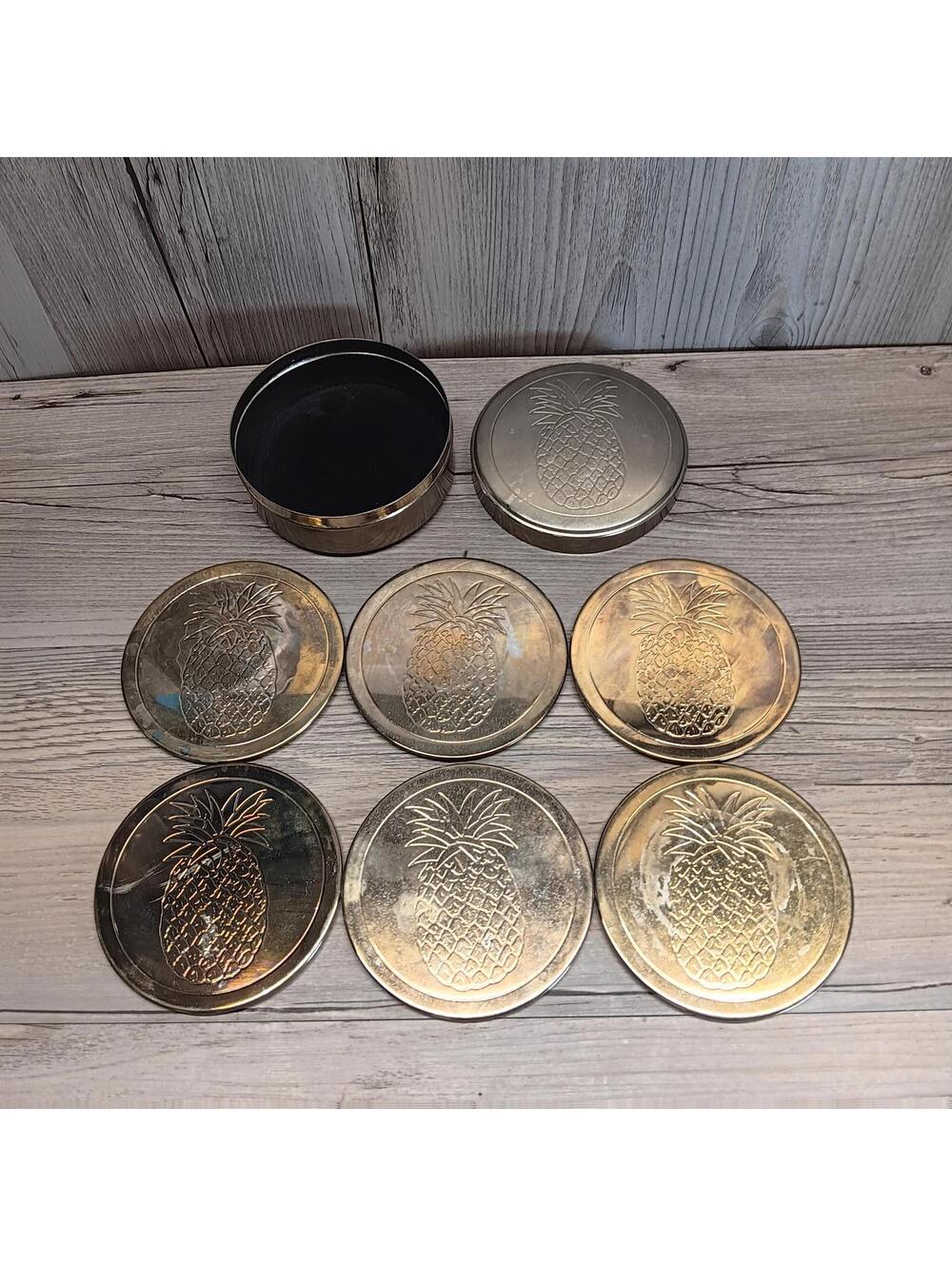 Vintage Pineapple Embossed Metal Coaster Set with Holder